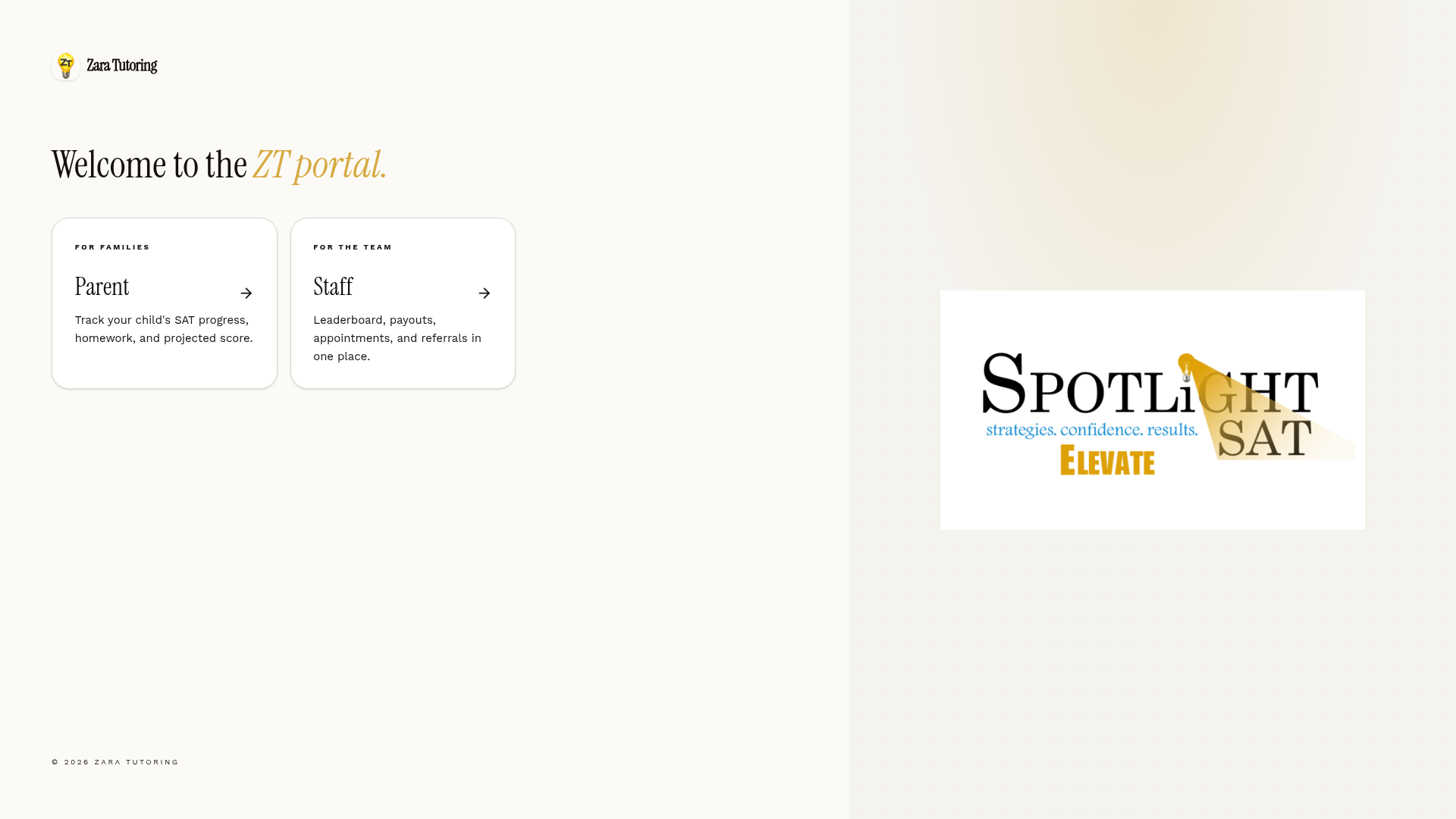 Zara Tutoring - Student & Parent Platform interface preview