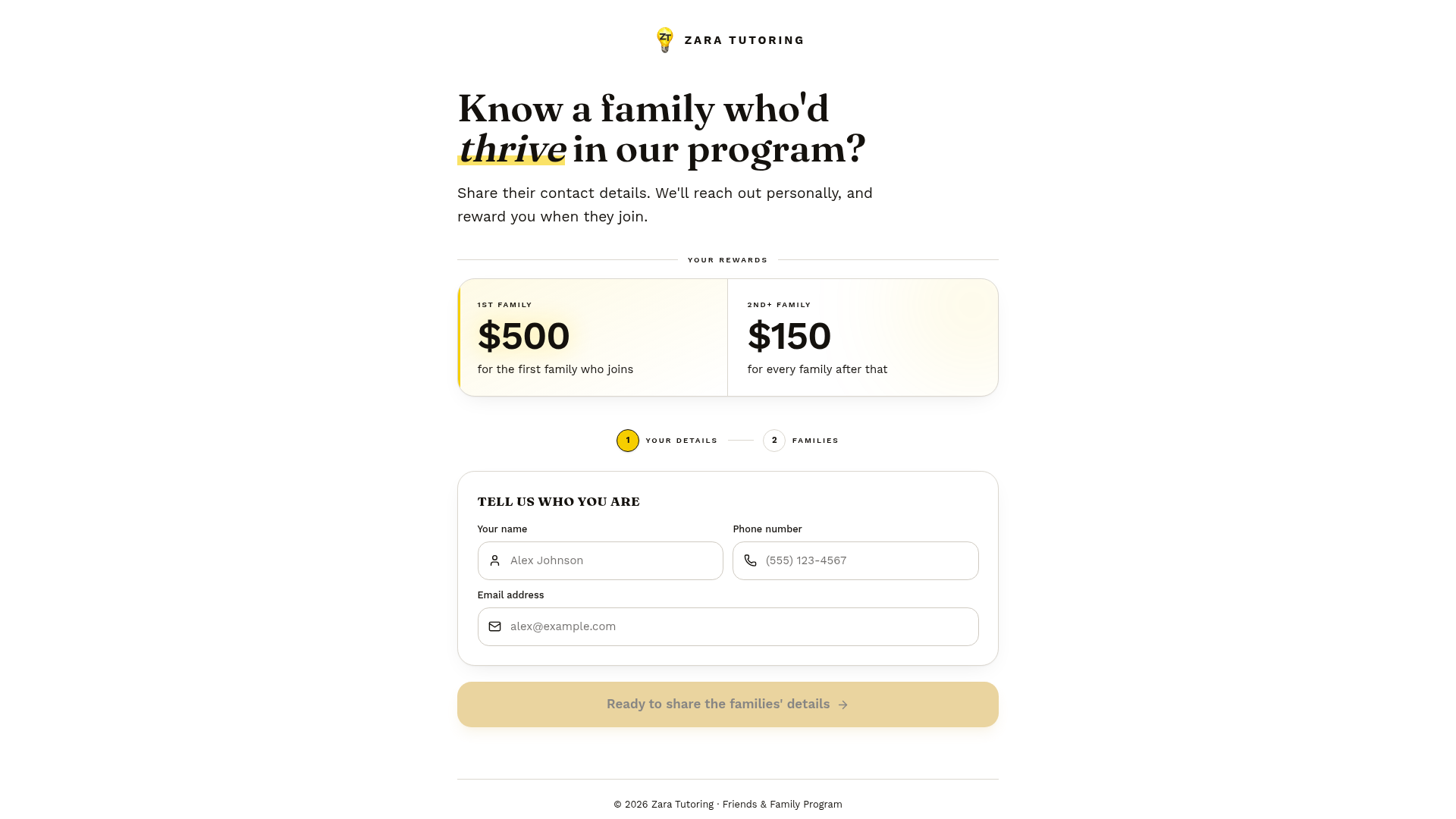 Zara Tutoring - Referral Platform interface preview